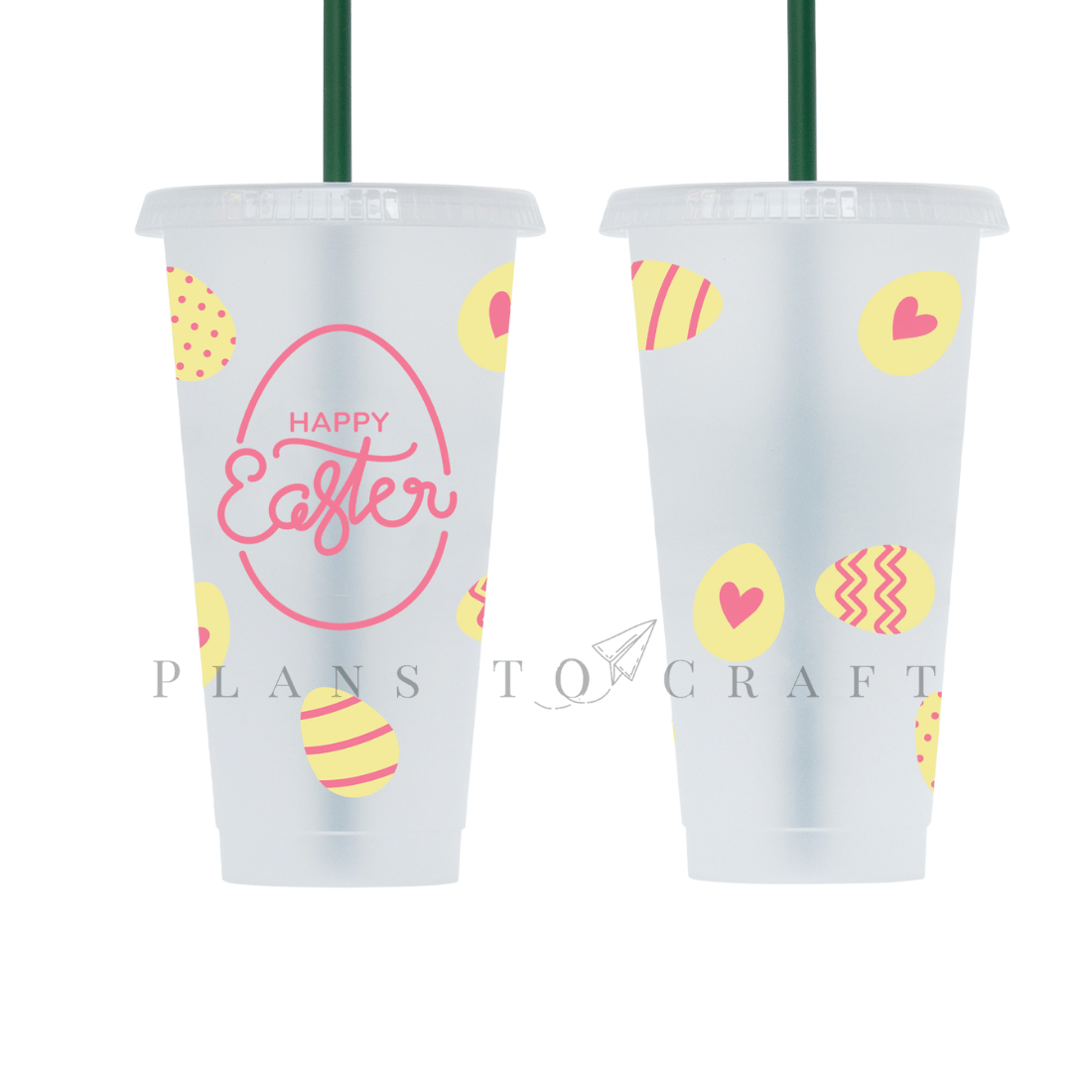 Two plastic cups with straws on each of them.