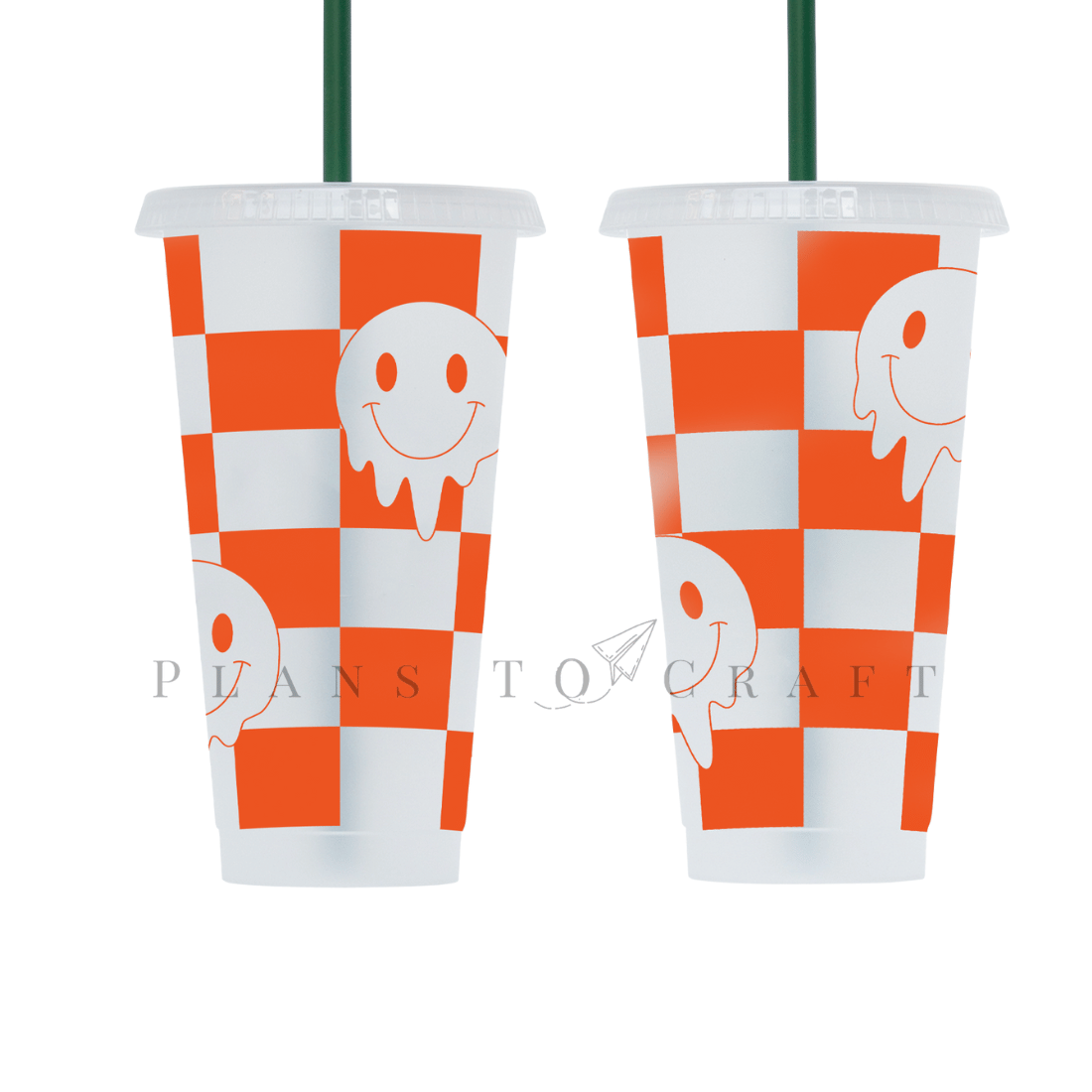 Two orange and white cups with elephants on them.