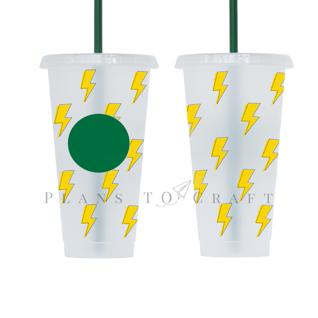 Two plastic cups with green lids and yellow lightnings on them.