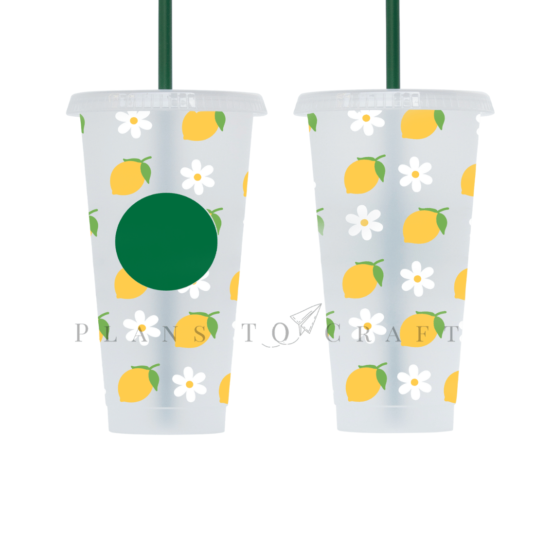 Two plastic cups with straws and lemons on them.