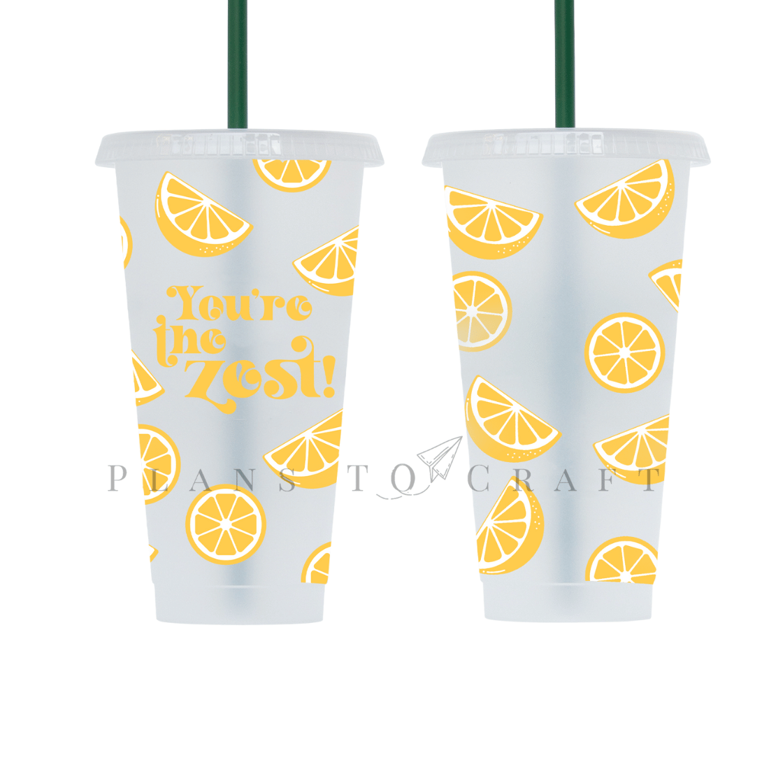 Two plastic cups with straws and oranges on them.