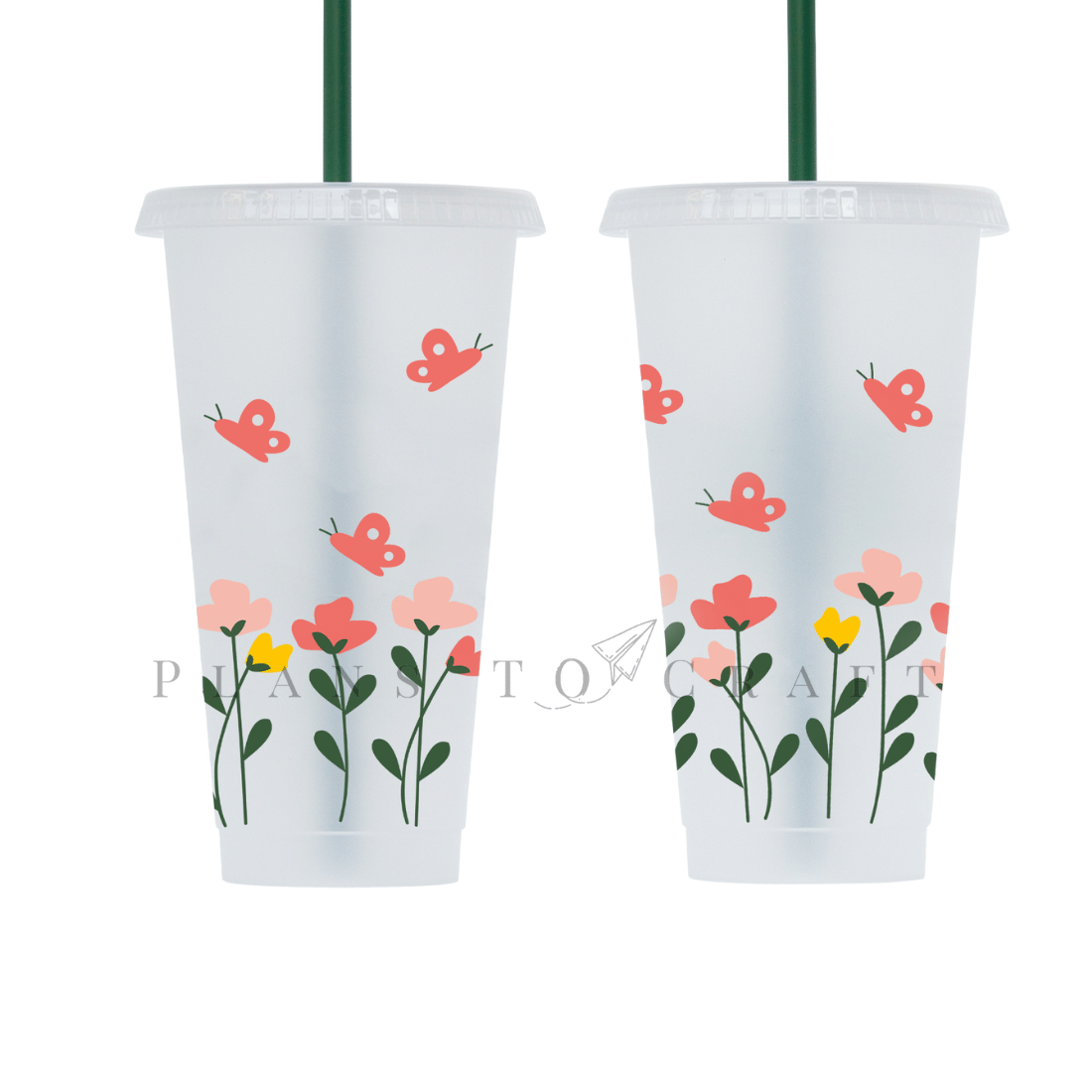 Two plastic cups with flowers and butterflies painted on them.