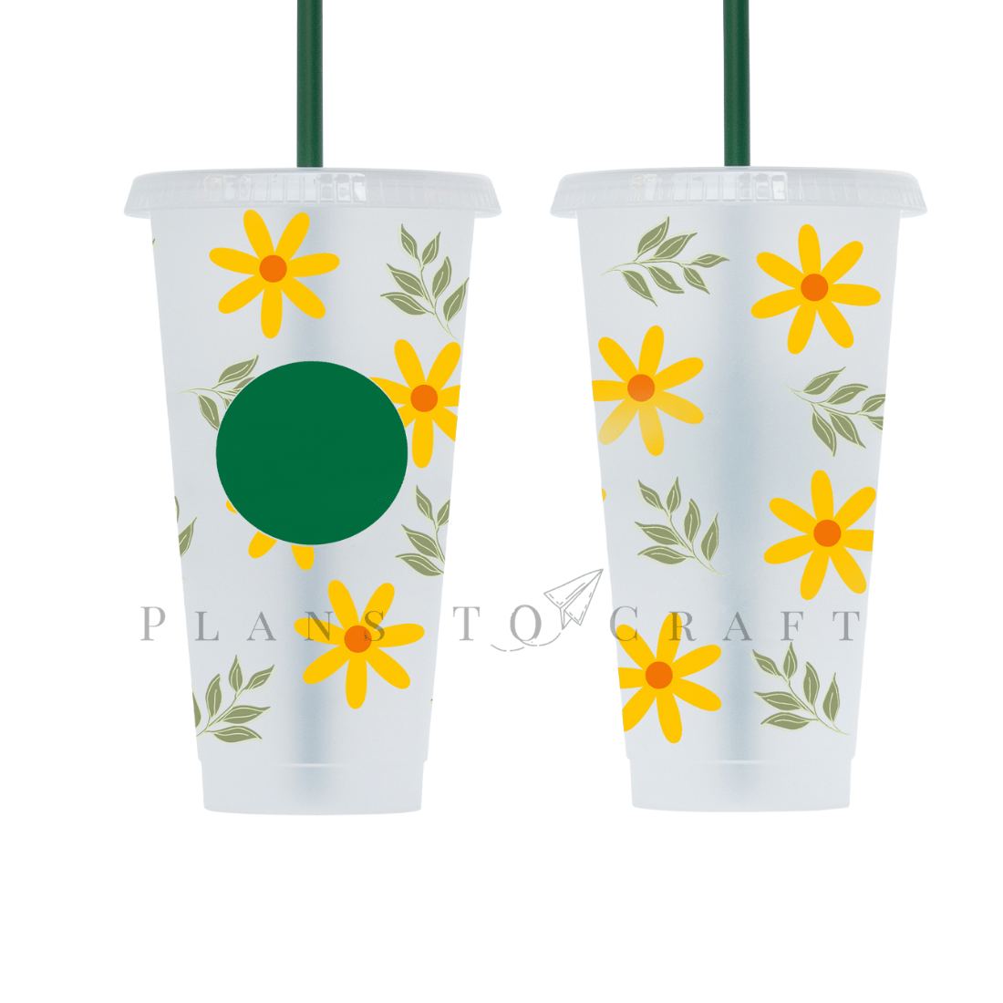 Two plastic cups with yellow flowers on them.