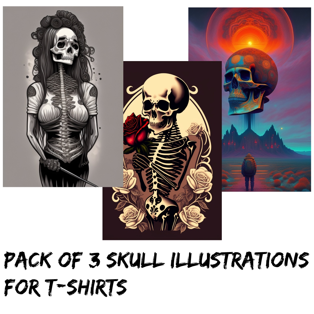Series of three skull illustrations for t - shirts.