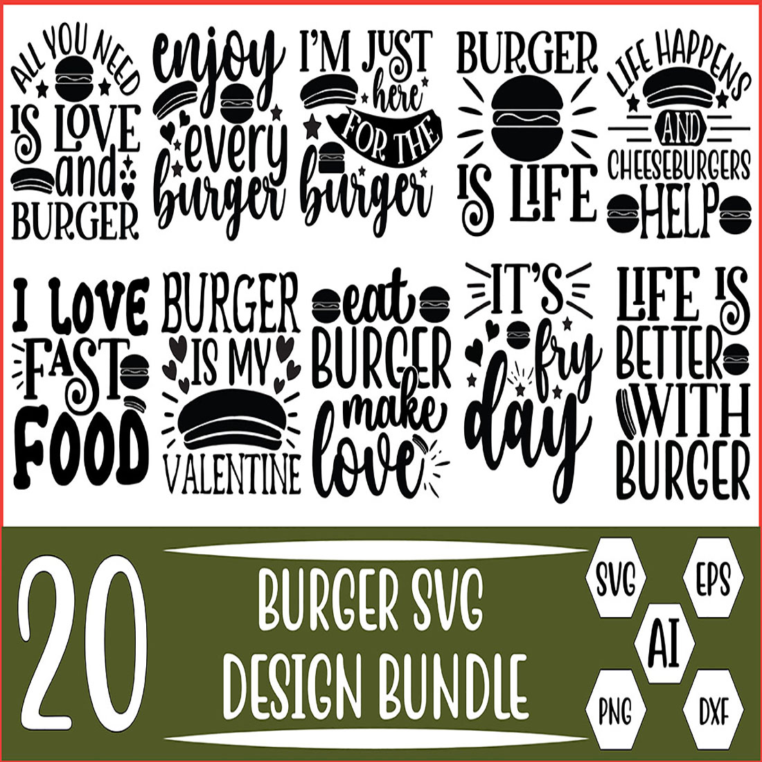 20 Burger SVG Design Bundle Vector Template preview image.