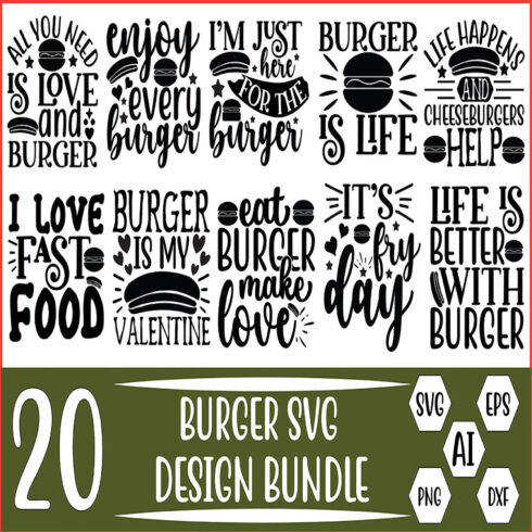 20 Burger SVG Design Bundle Vector Template cover image.