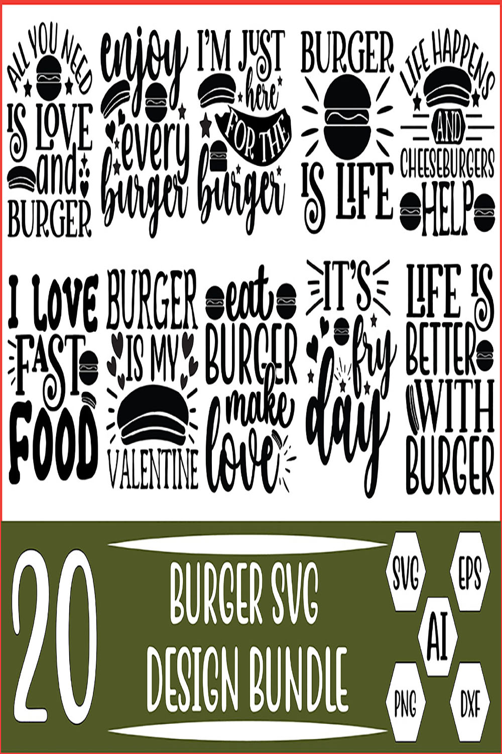 20 Burger SVG Design Bundle Vector Template pinterest preview image.