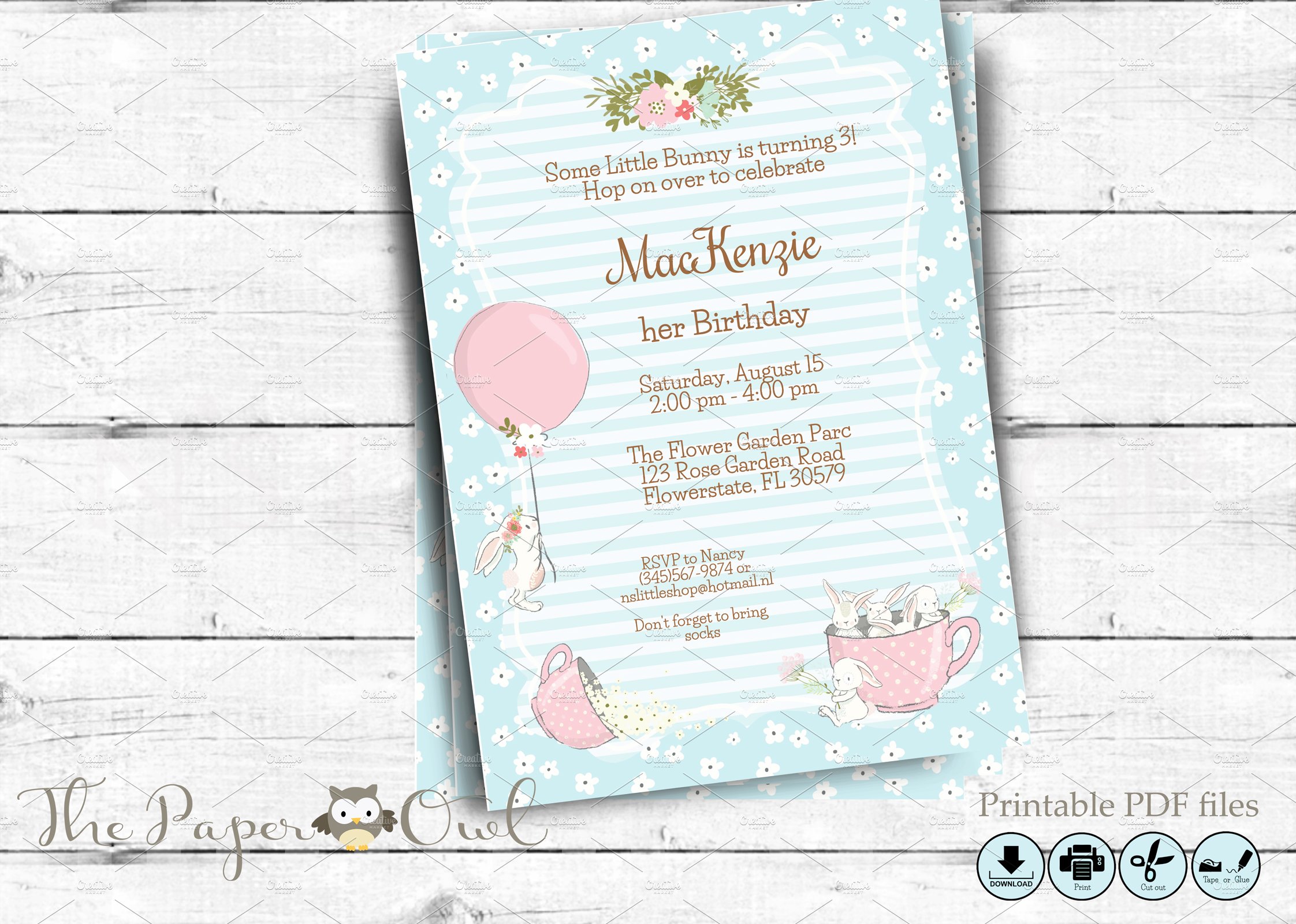 Bunny birthday party invitation preview image.