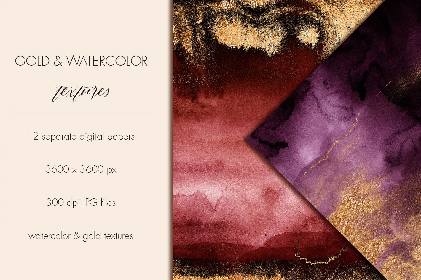 Bohemian watercolor & gold textures preview image.