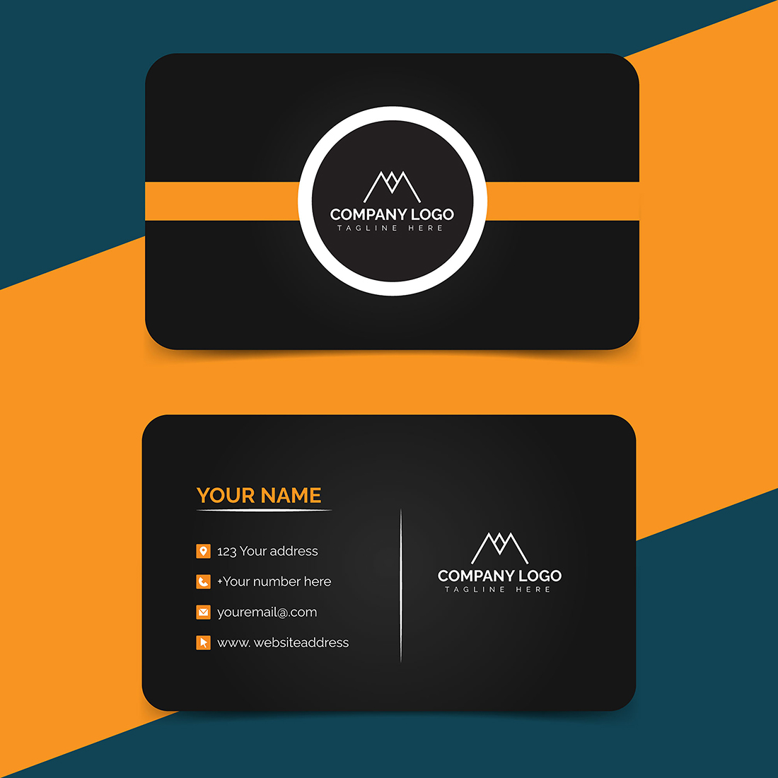 Black and yellow business card with a circular logo.
