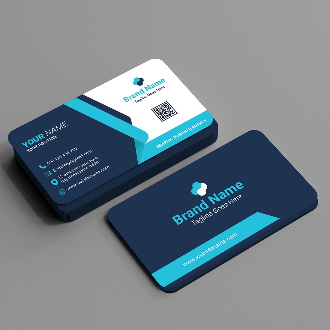 Business card with a blue and white design.