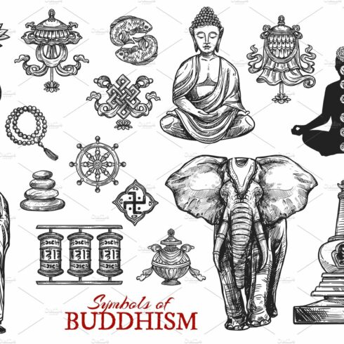 Buddhism religion sketch icons cover image.
