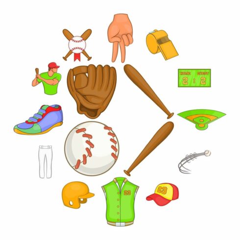 Baseball icons set, cartoon style cover image.