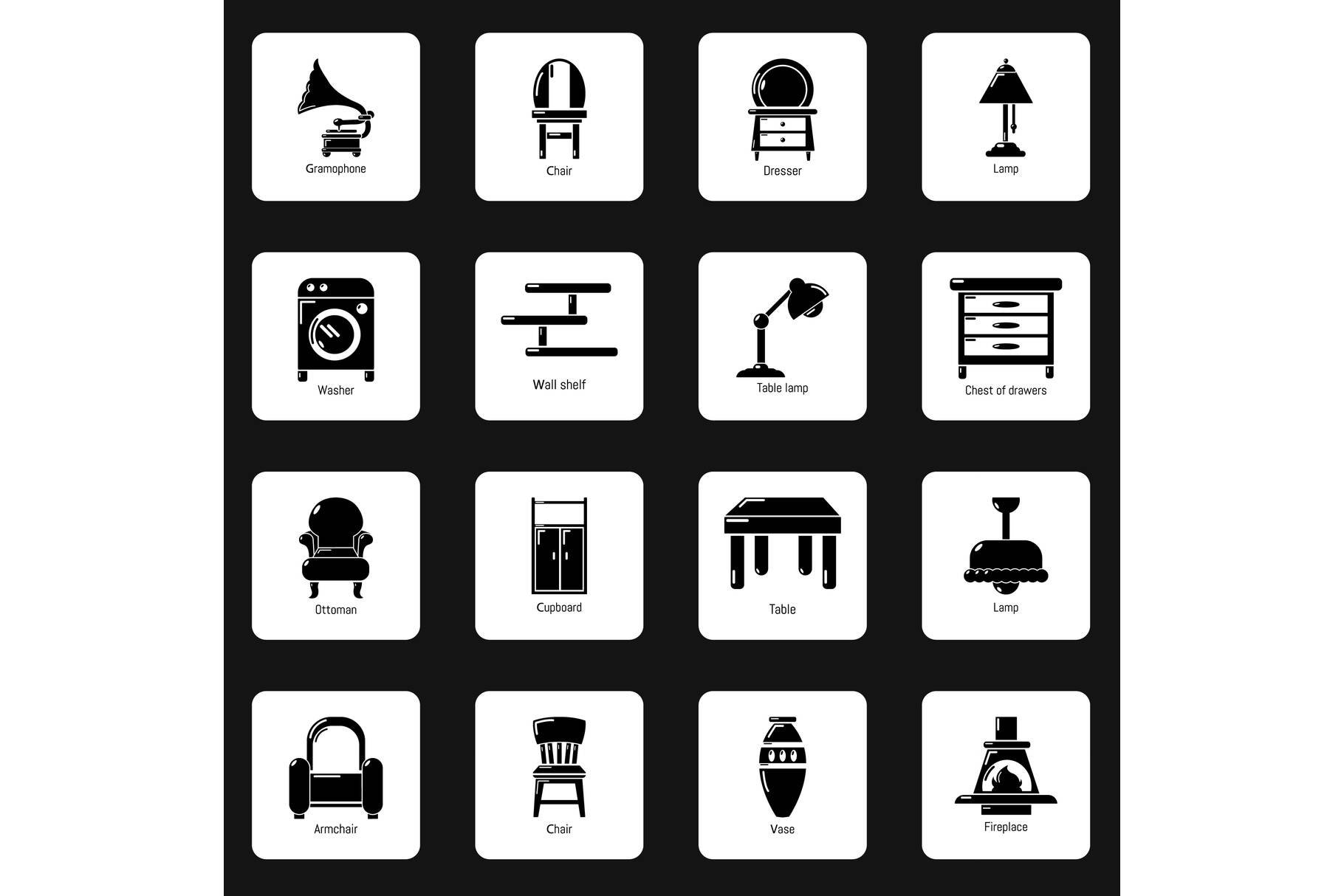 Interior furniture icons set, simple cover image.