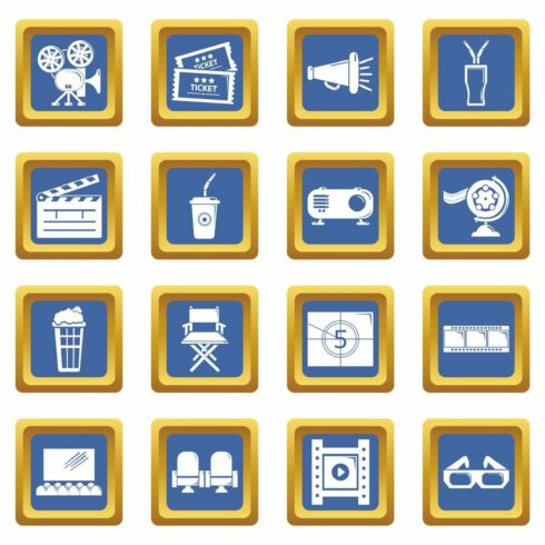Cinema icons set blue square vector cover image.