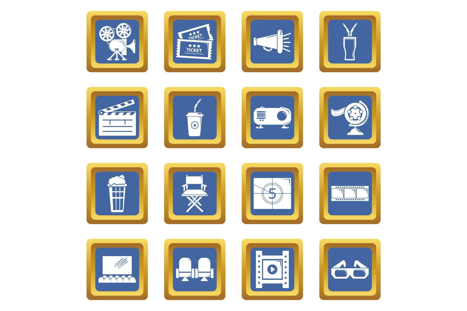 Cinema icons set blue square vector cover image.