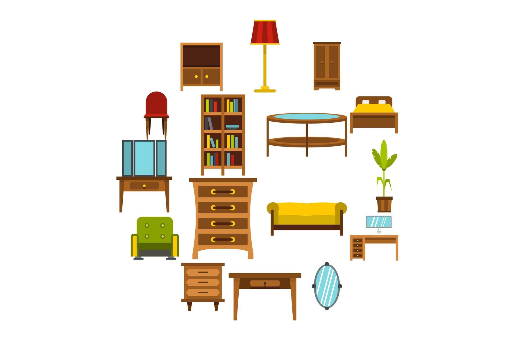 Furniture icons set, flat style cover image.