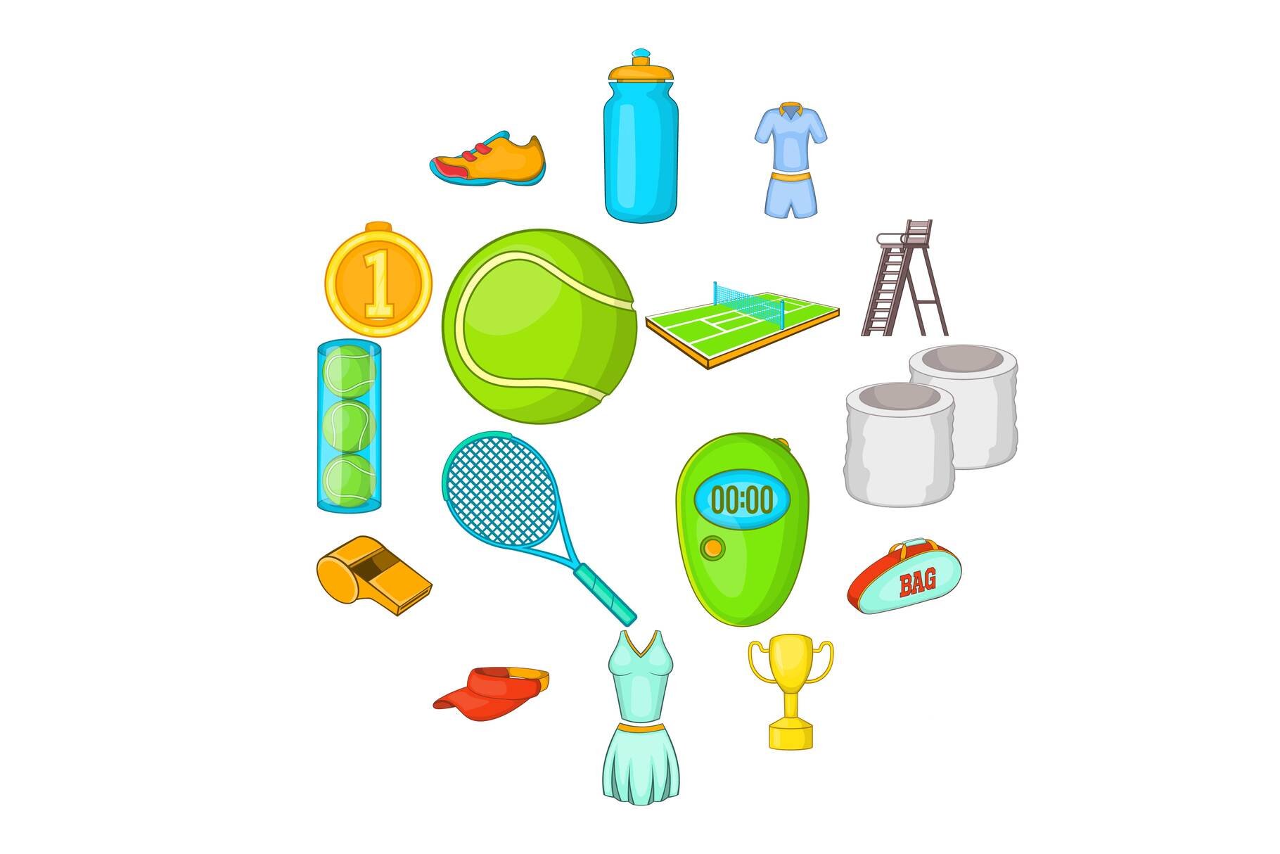 Tennis icons set, cartoon style cover image.