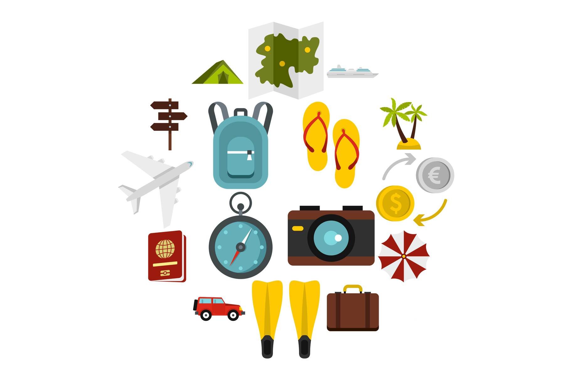 Travel icons set, flat style cover image.