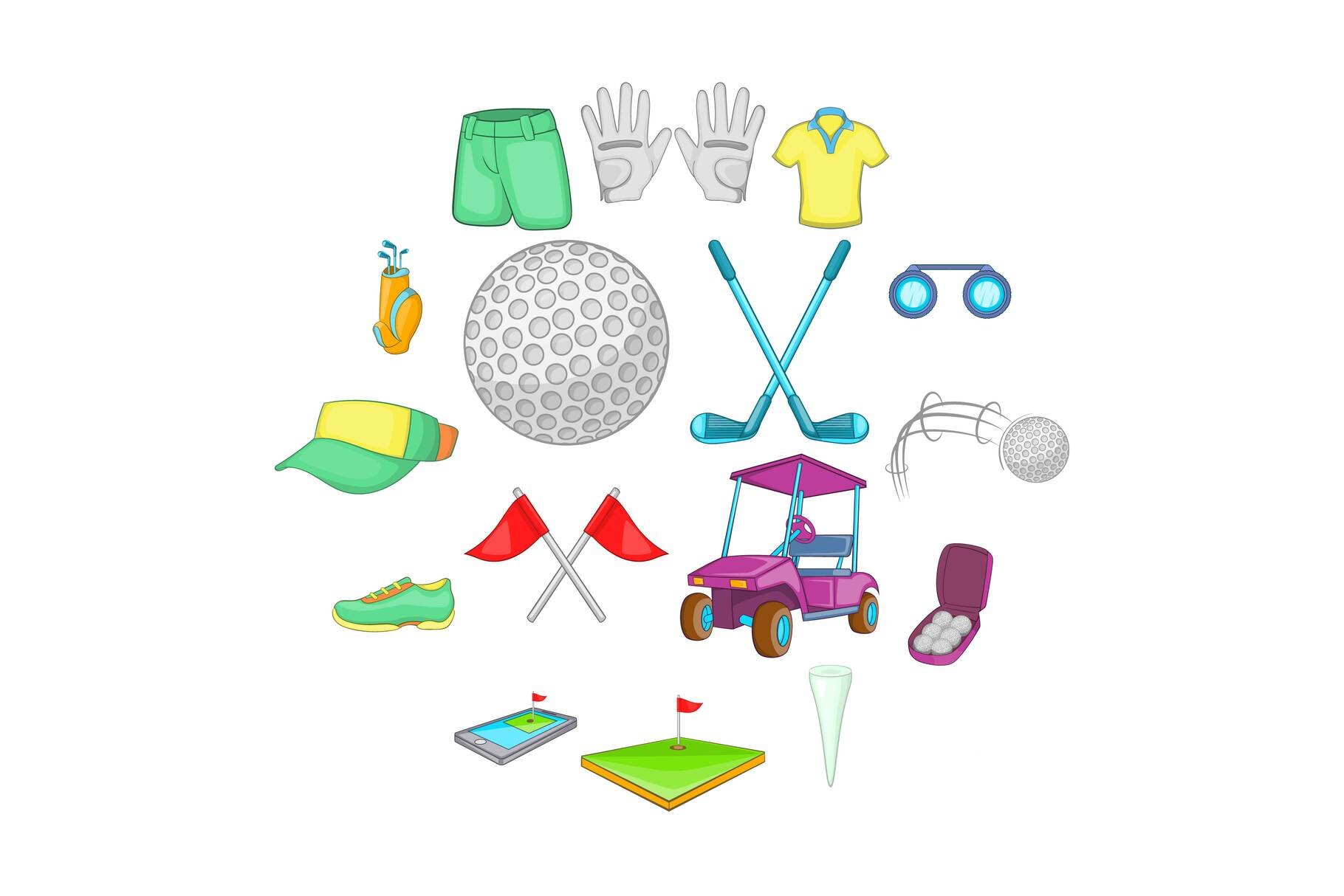 Golf icons set, cartoon style cover image.