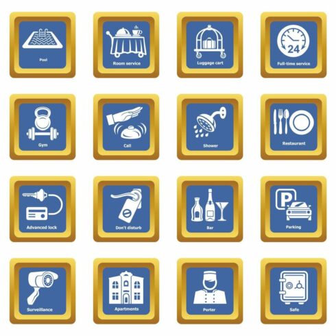 Hotel service icons set blue square cover image.