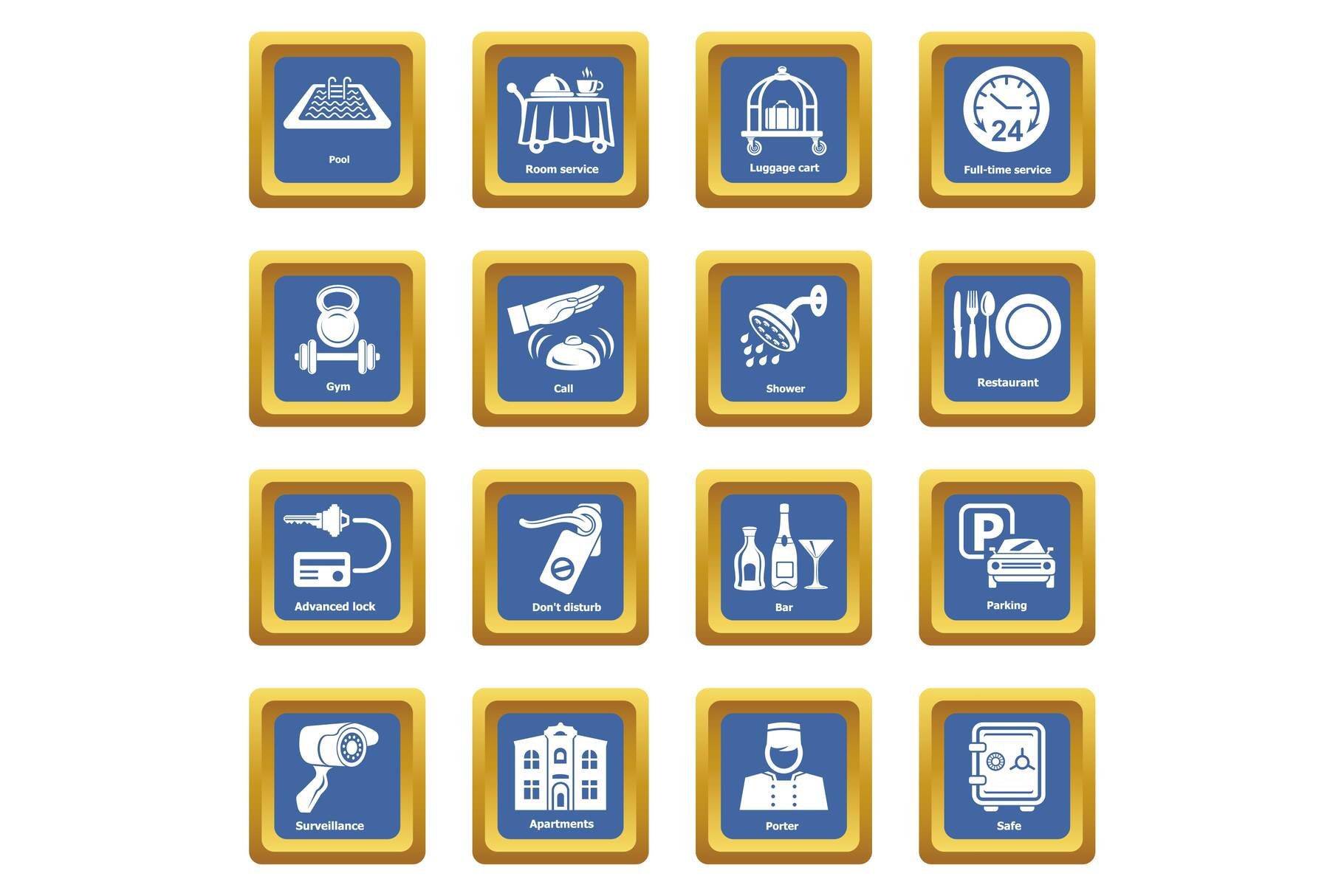 Hotel service icons set blue square cover image.