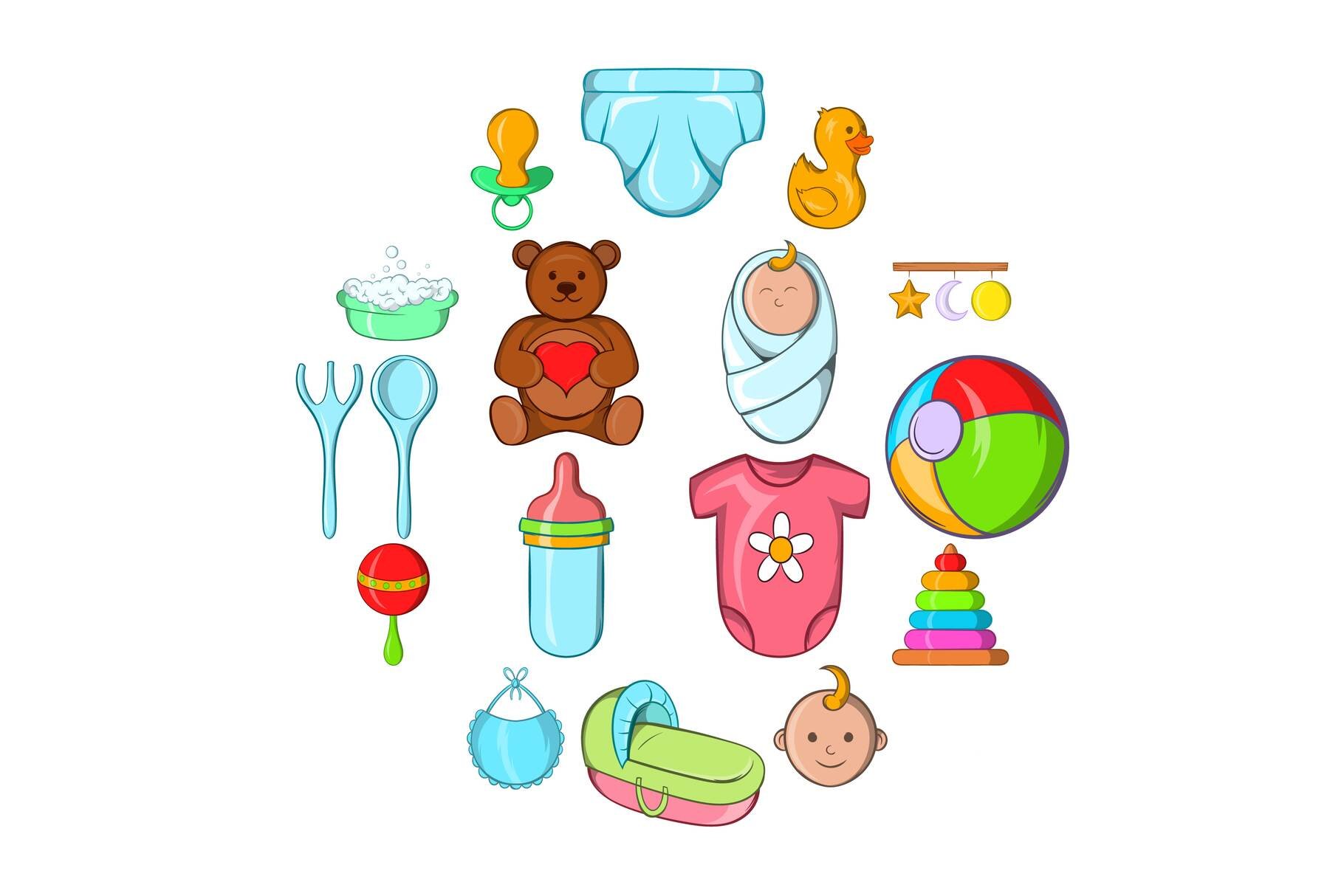 Baby icons set, cartoon style cover image.
