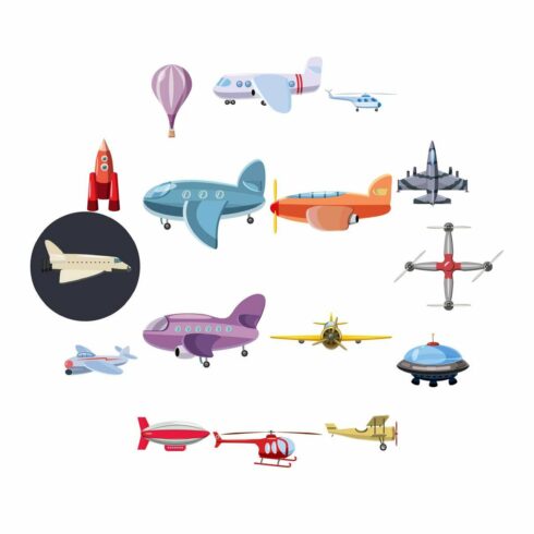 Aviation icons set, cartoon style cover image.