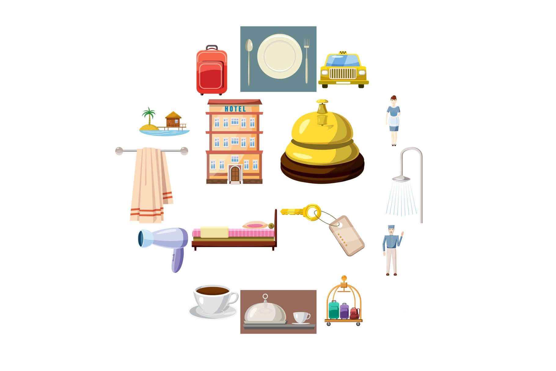 Hotel icons set, cartoon style cover image.