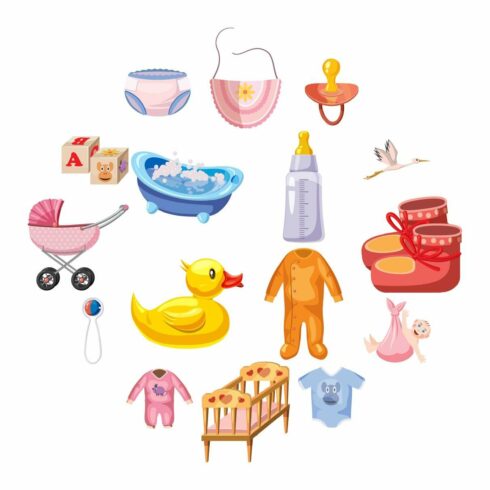 Baby born icons set, cartoon style cover image.