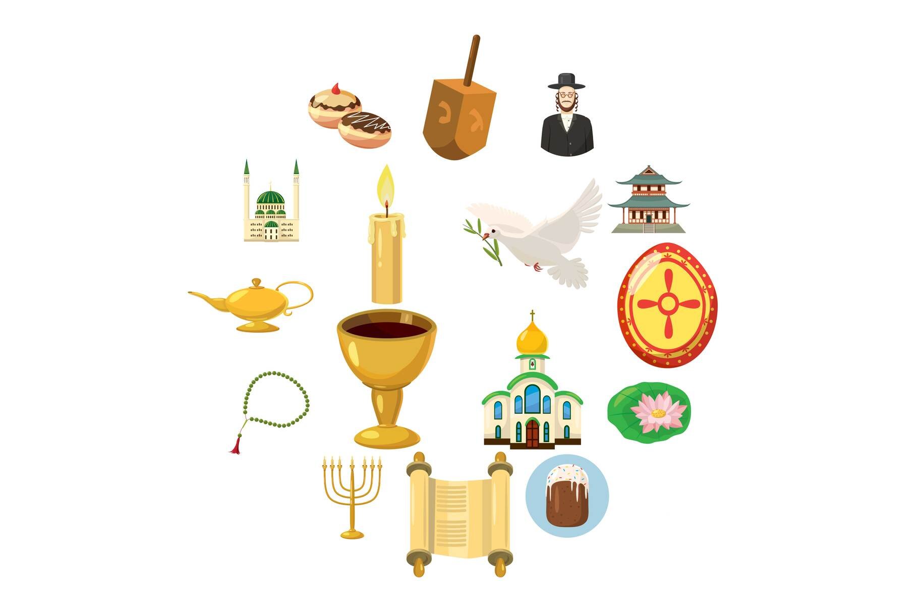 Religion icons set, cartoon style cover image.