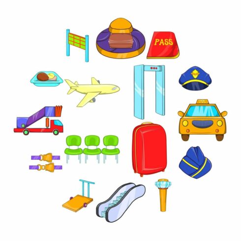 Airport icons set, cartoon style cover image.
