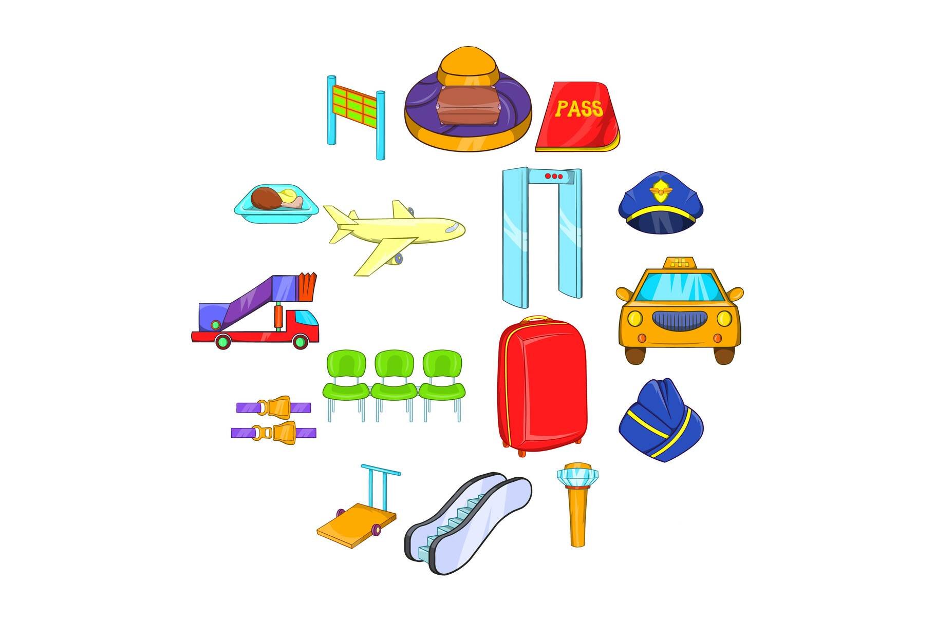 Airport icons set, cartoon style cover image.