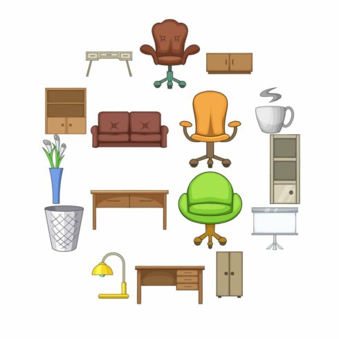Office furniture interior icons set, cover image.