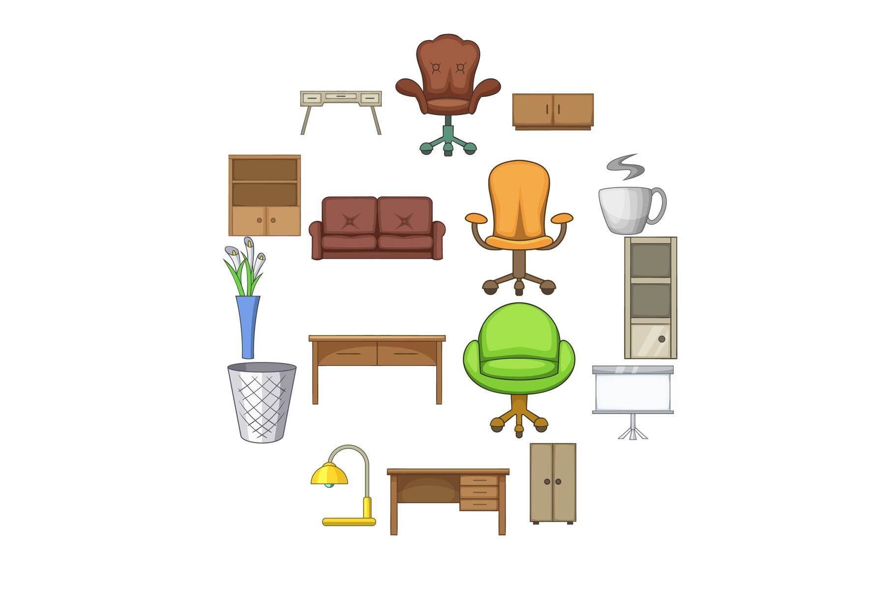 Office furniture interior icons set, cover image.