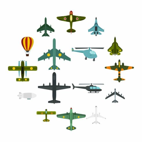 Aviation icons set, flat style cover image.
