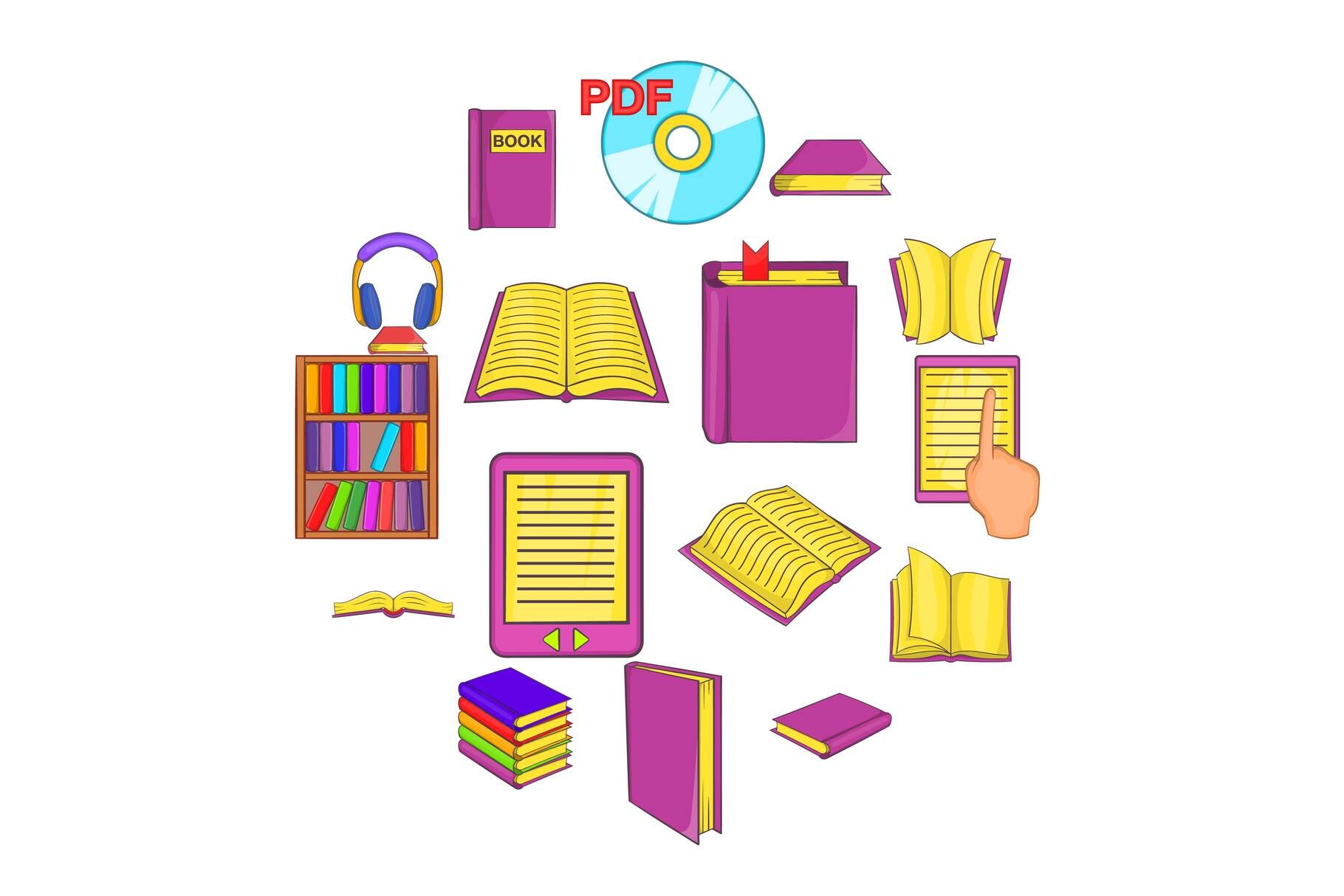 Books icons set, cartoon style cover image.