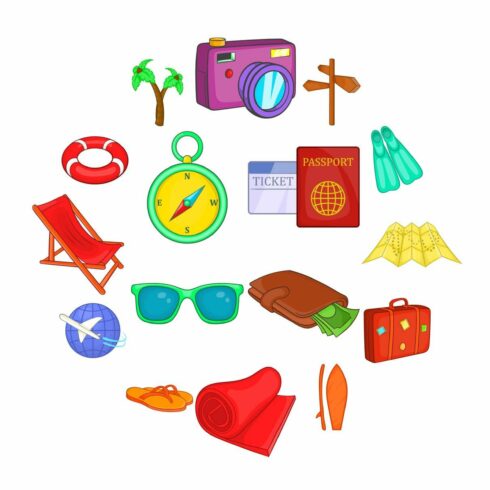 Travel icons set, cartoon style cover image.