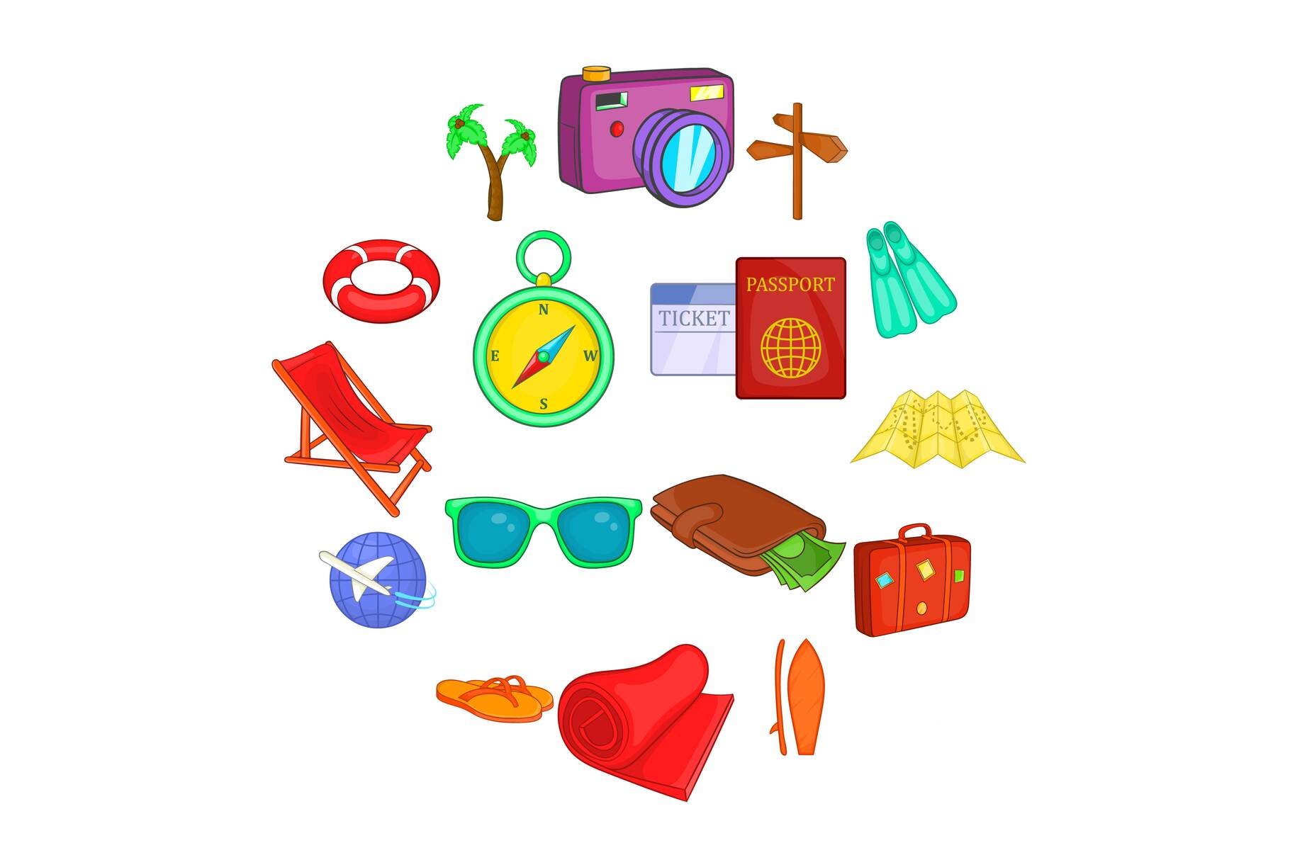 Travel icons set, cartoon style cover image.