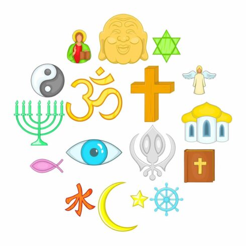 Religion icons set, cartoon style cover image.