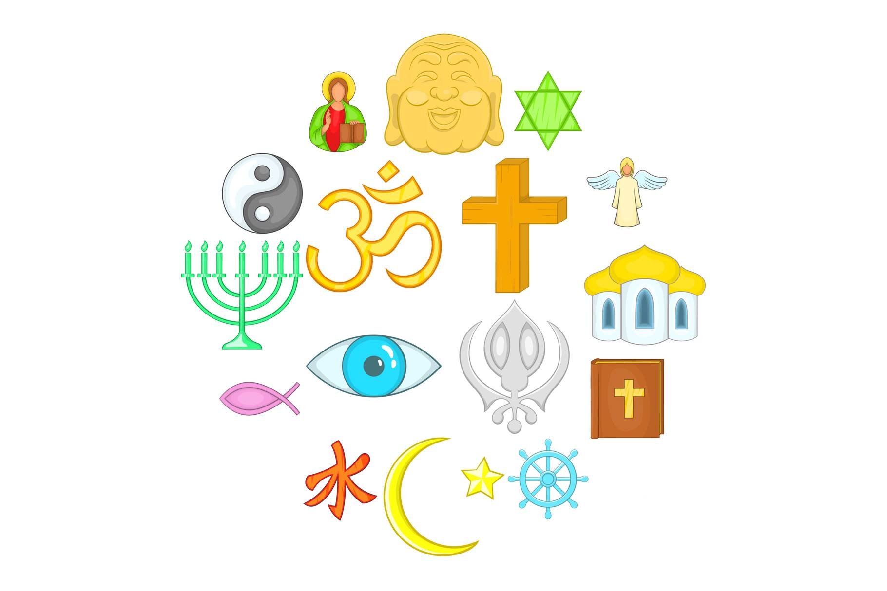 Religion icons set, cartoon style cover image.