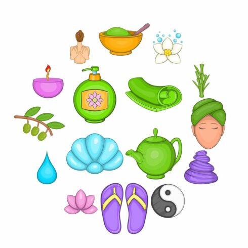 Spa icons set, cartoon style cover image.