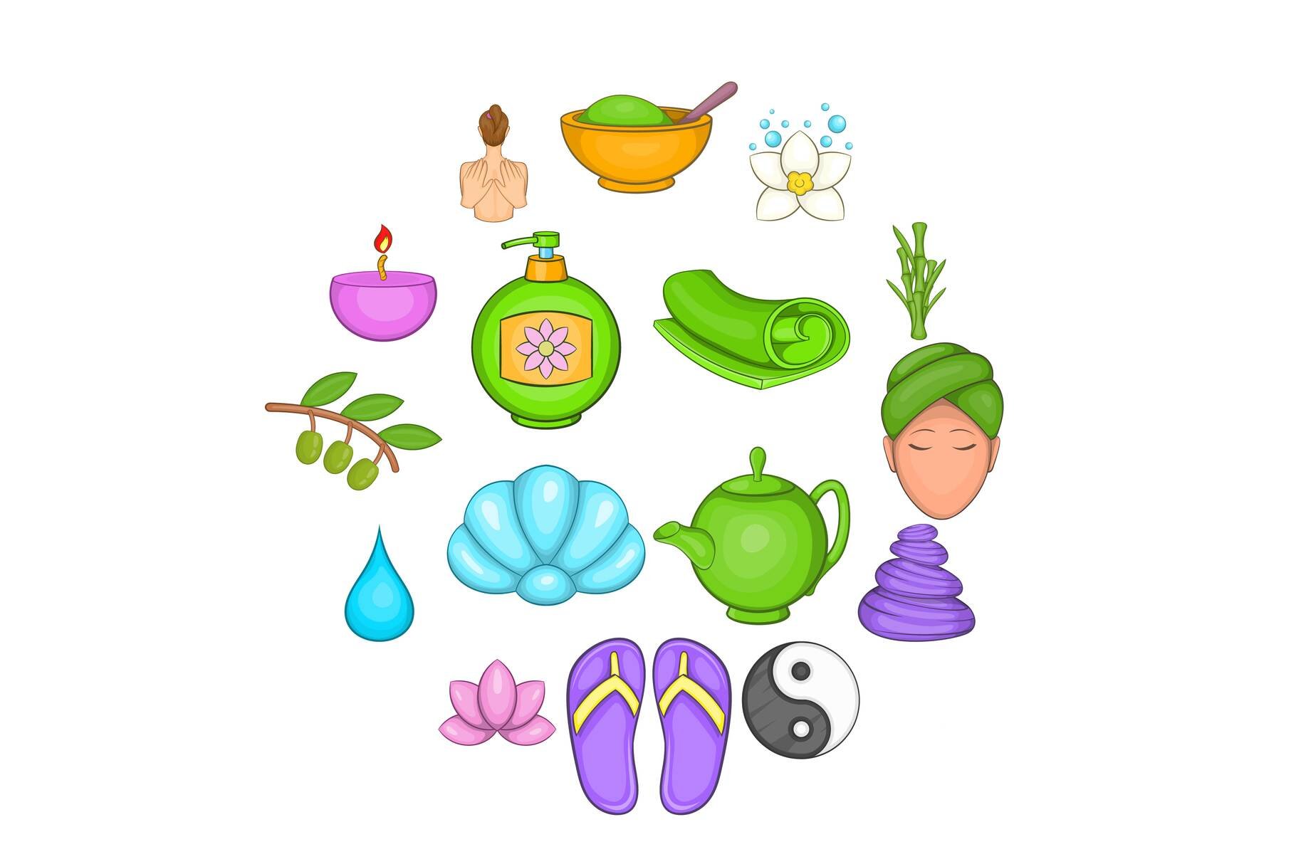 Spa icons set, cartoon style cover image.