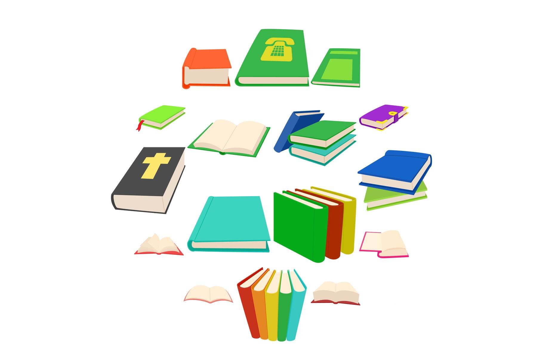 Book icons set, cartoon style cover image.