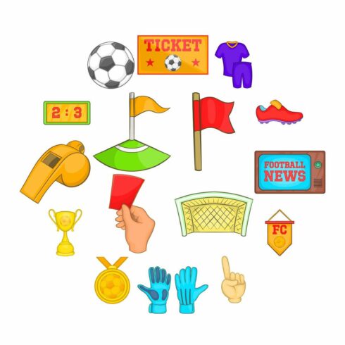 Soccer icons set, cartoon style cover image.