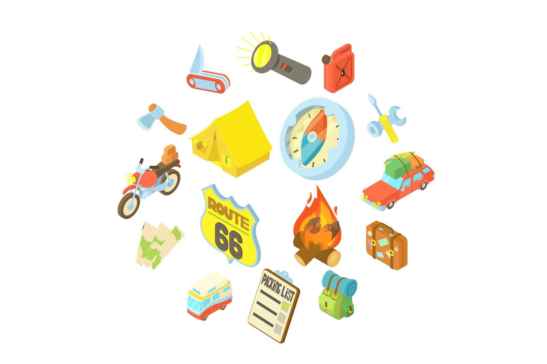 Travel icons set, isometric style cover image.