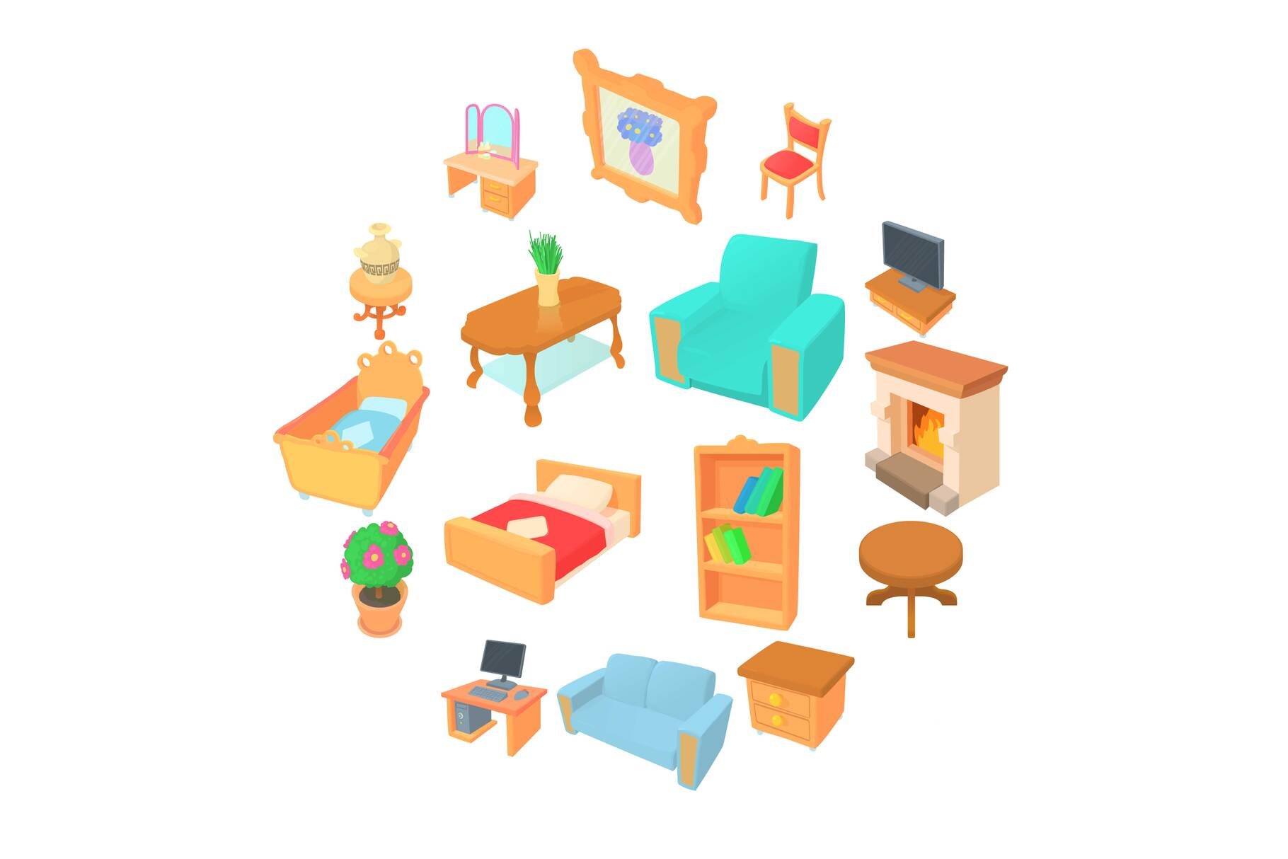 Different furniture icons set cover image.
