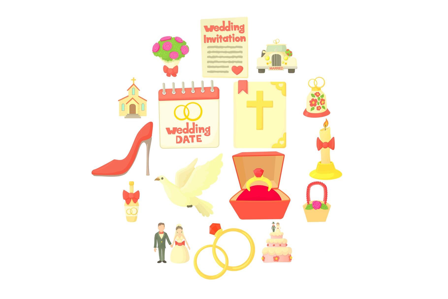 Wedding icons set, cartoon style cover image.