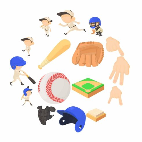 Baseball items icons set cover image.