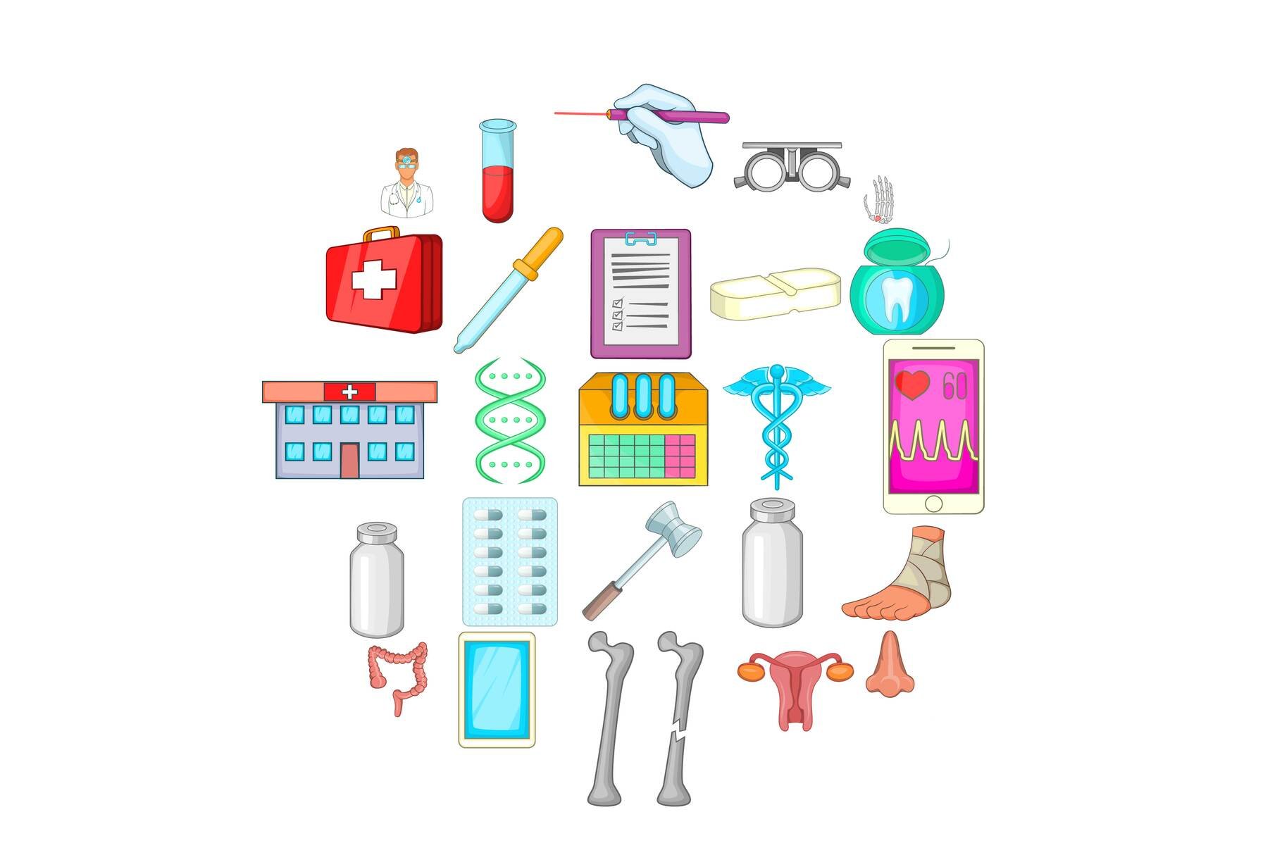 Hospital icons set, cartoon style cover image.